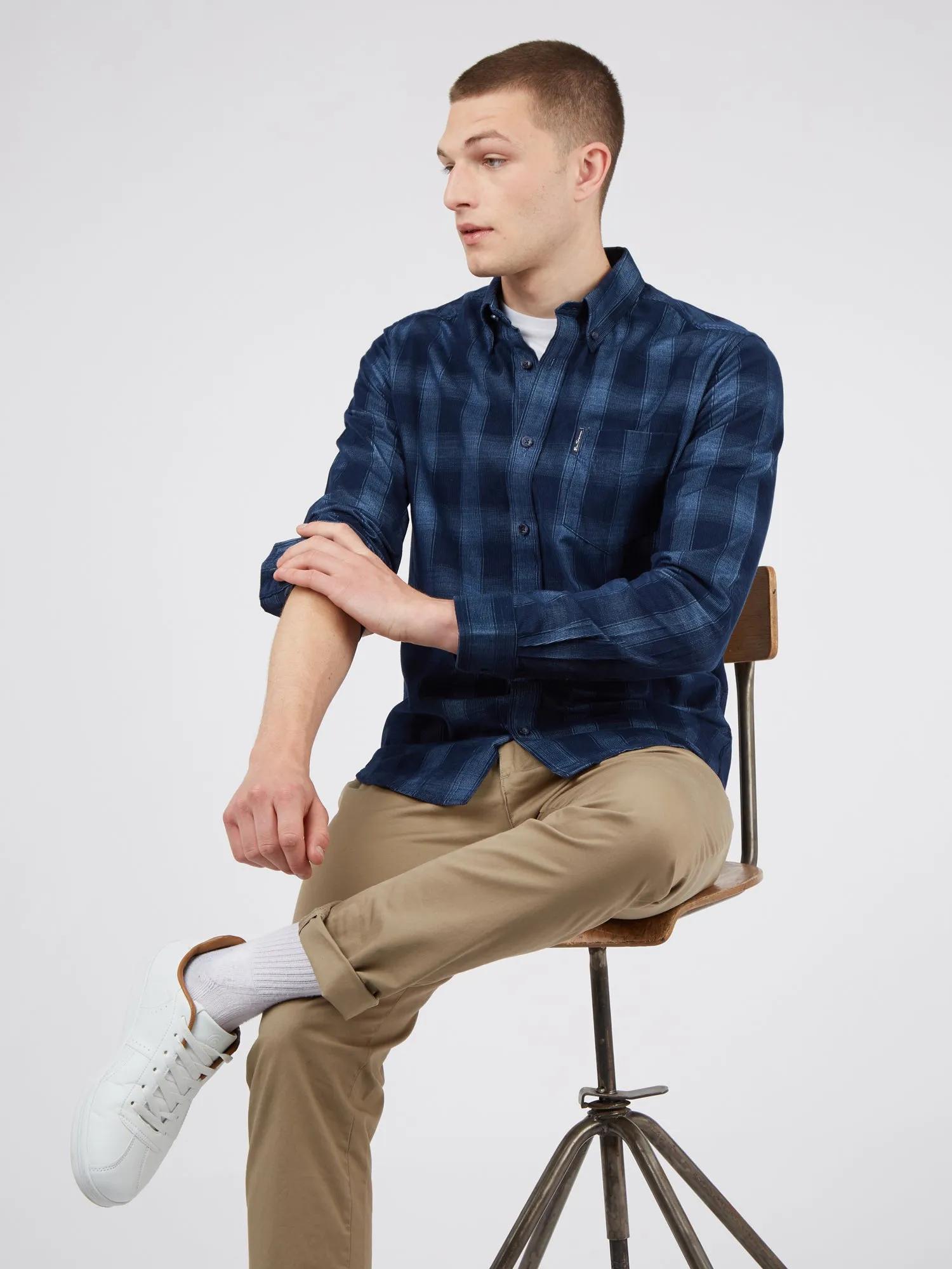 Long-Sleeve Corduroy Ombre Check Shirt - Dark Blue sold by Ben Sherman product image thumbnail 4