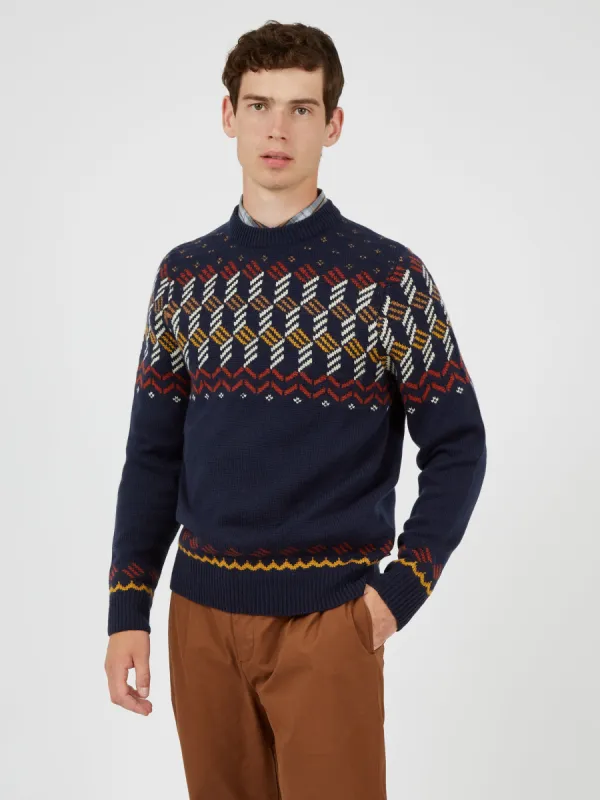 Yoke Fairisle Crewneck Knit Sweater - Marine sold by Ben Sherman