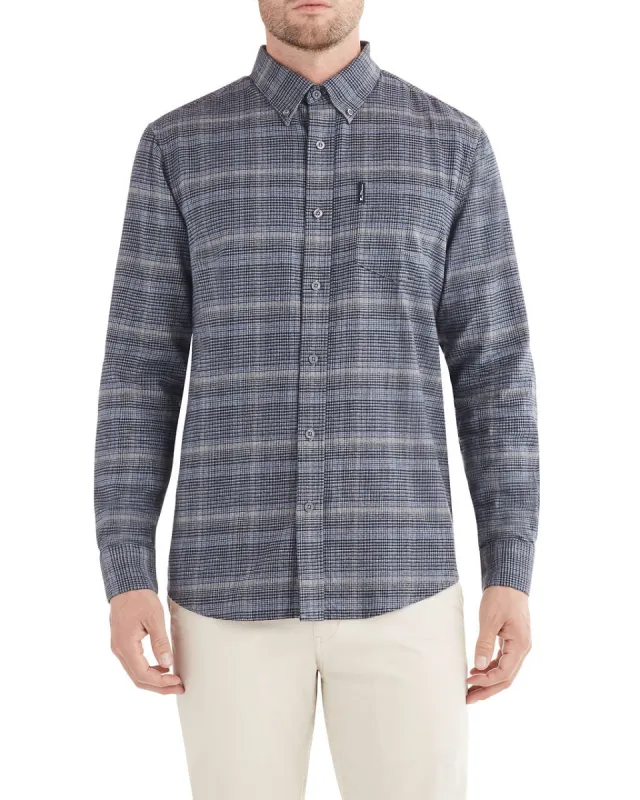 Long-Sleeve Herringbone Mini Check Shirt - Blue Grey sold by Ben Sherman