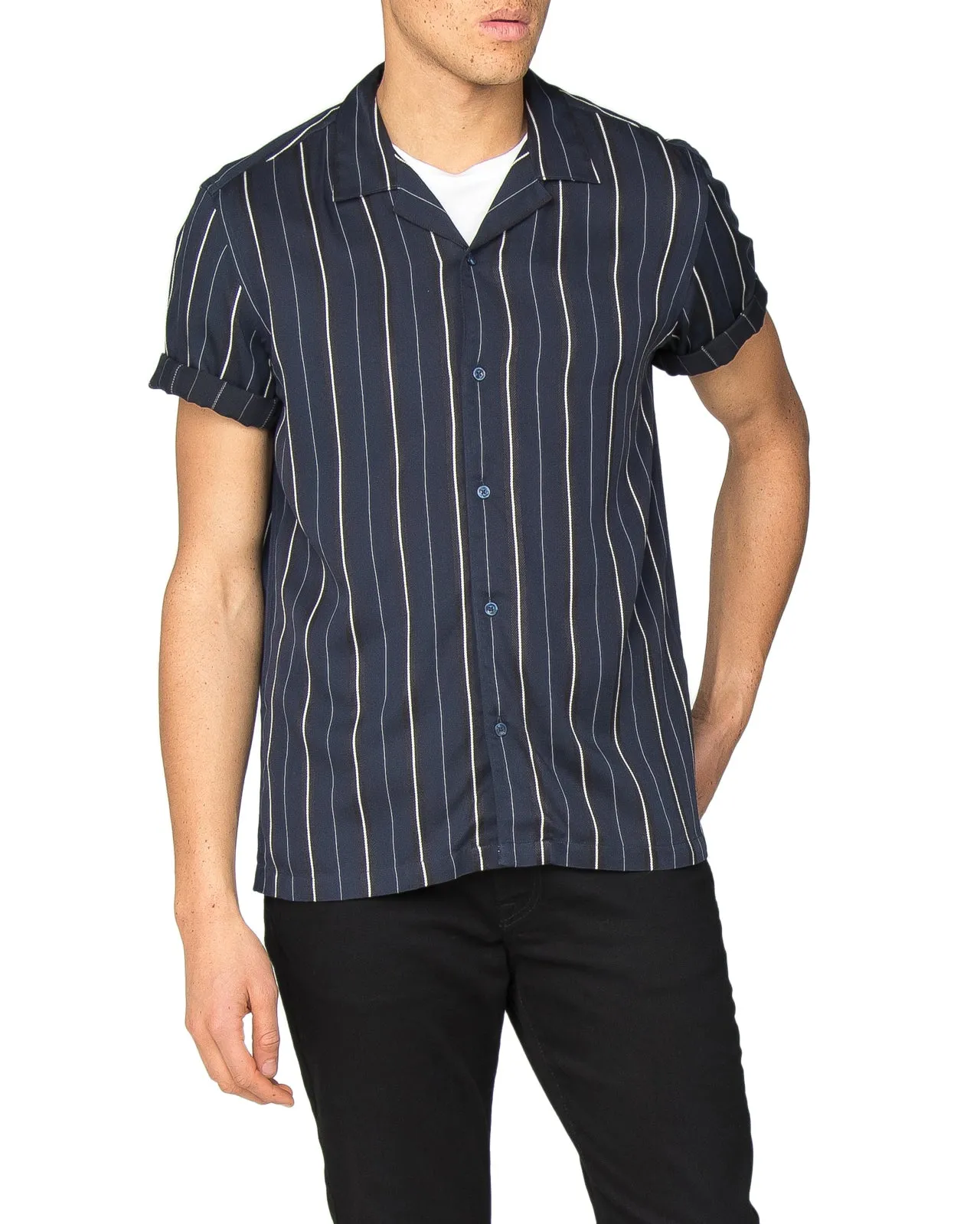 Short-Sleeve Satin Stripe Shirt - Navy Blazer sold by Ben Sherman