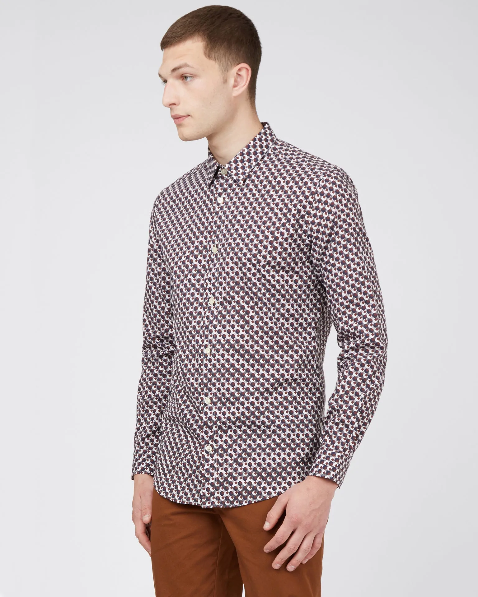 Long-Sleeve Retro '70s Geo-Print Shirt - Coffee sold by Ben Sherman