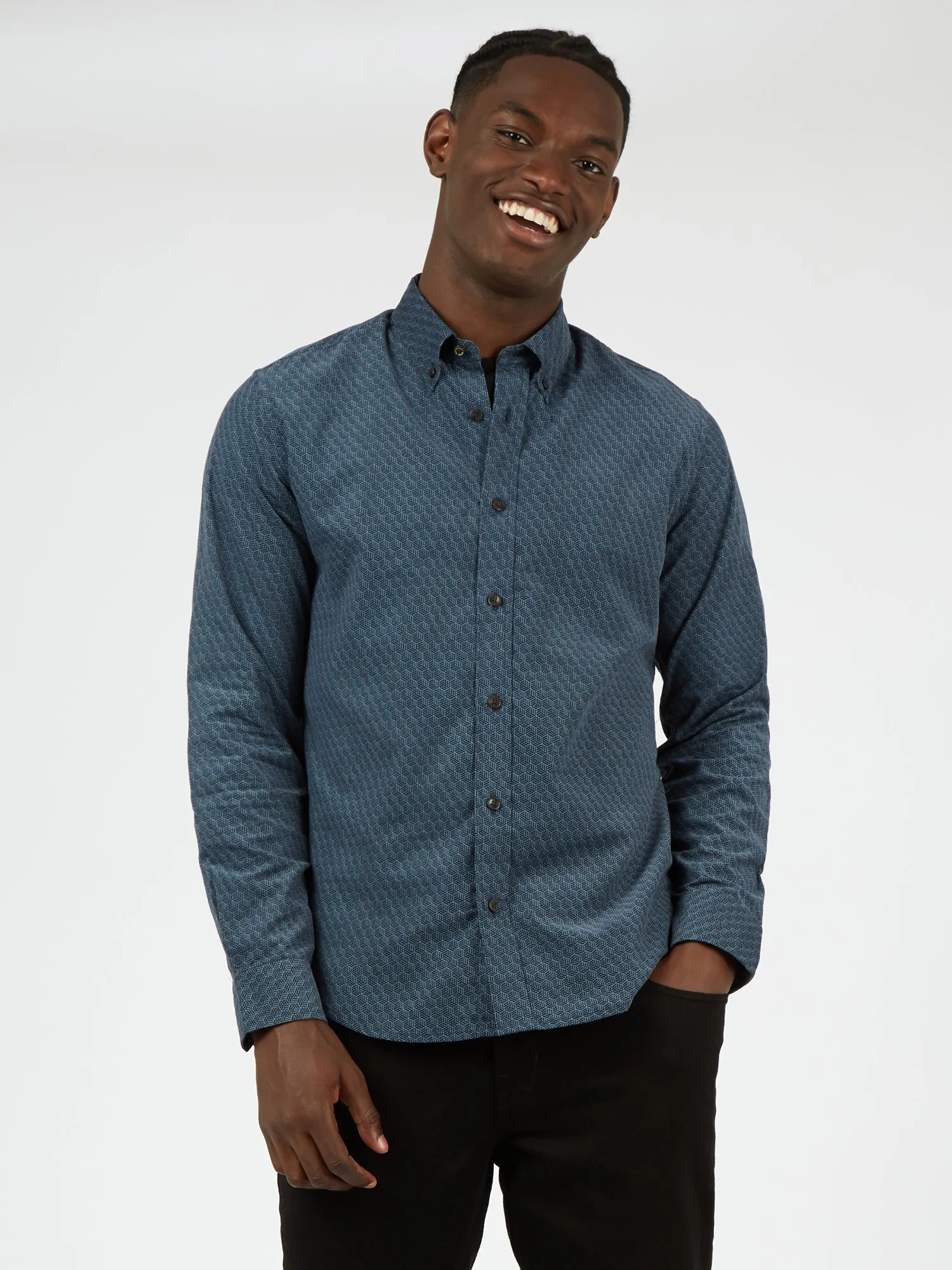 Long-Sleeve Geo-Print Corduroy Shirt - Petrol sold by Ben Sherman