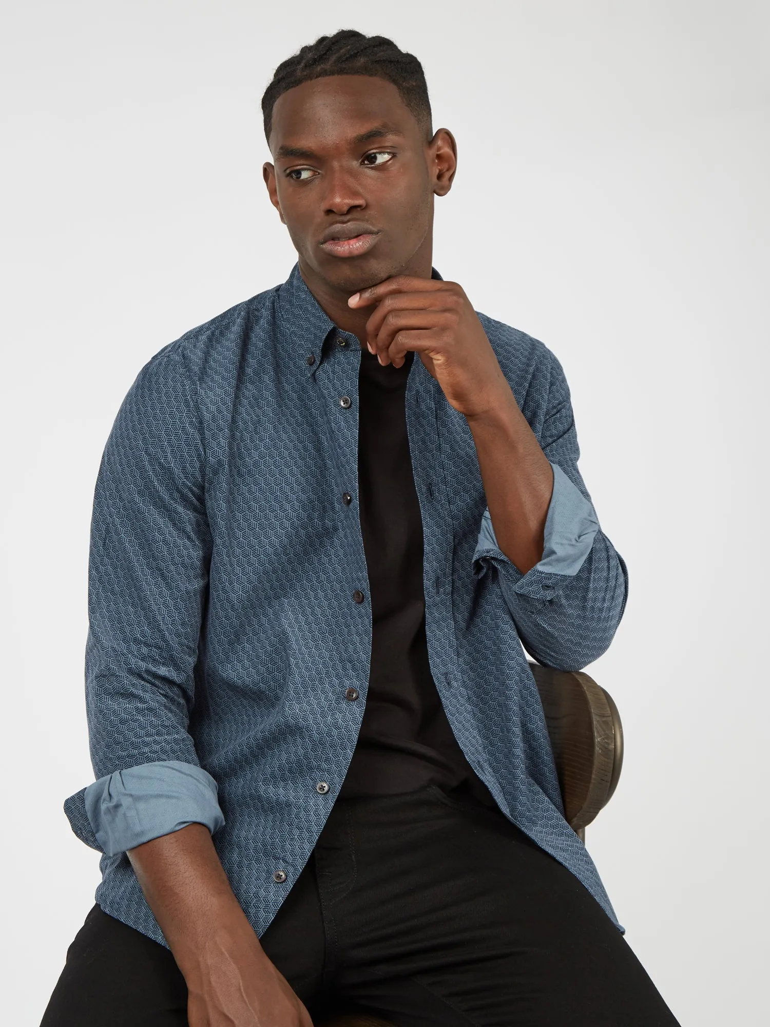 Long-Sleeve Geo-Print Corduroy Shirt - Petrol sold by Ben Sherman product image thumbnail 3