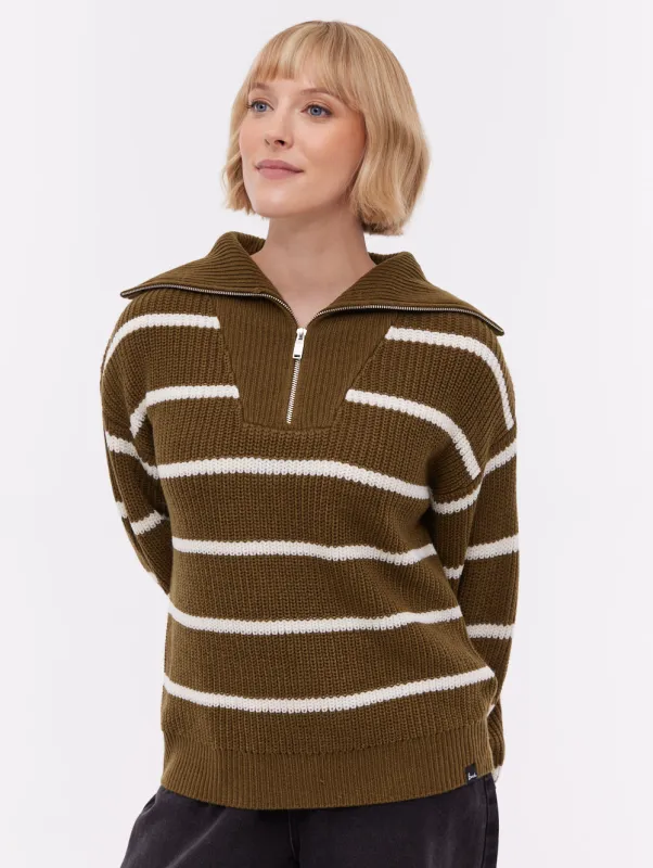 Margita Striped Zippered Funnel Sweater - Green made by Bench
