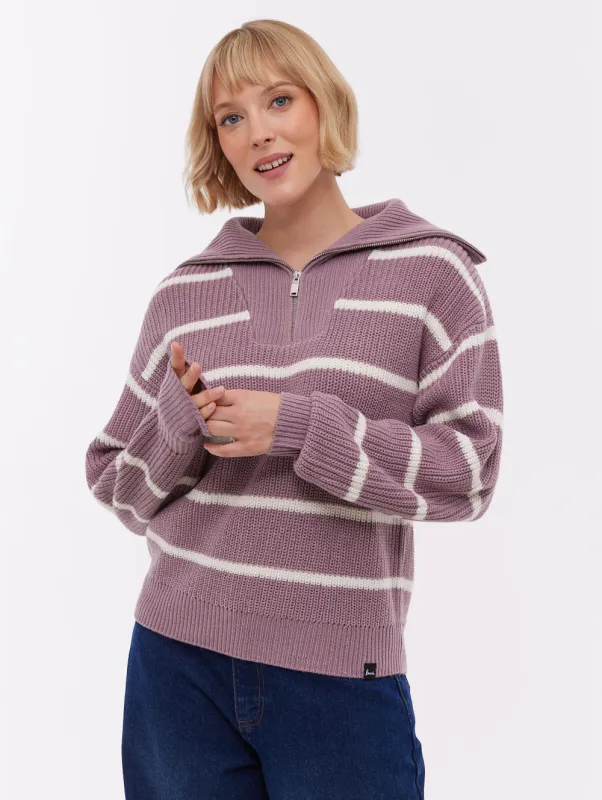 Margita Striped Zippered Funnel Sweater - Purple made by Bench