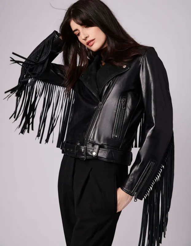 Extended Fringe Leather Moto Jacket sold by Bernardo