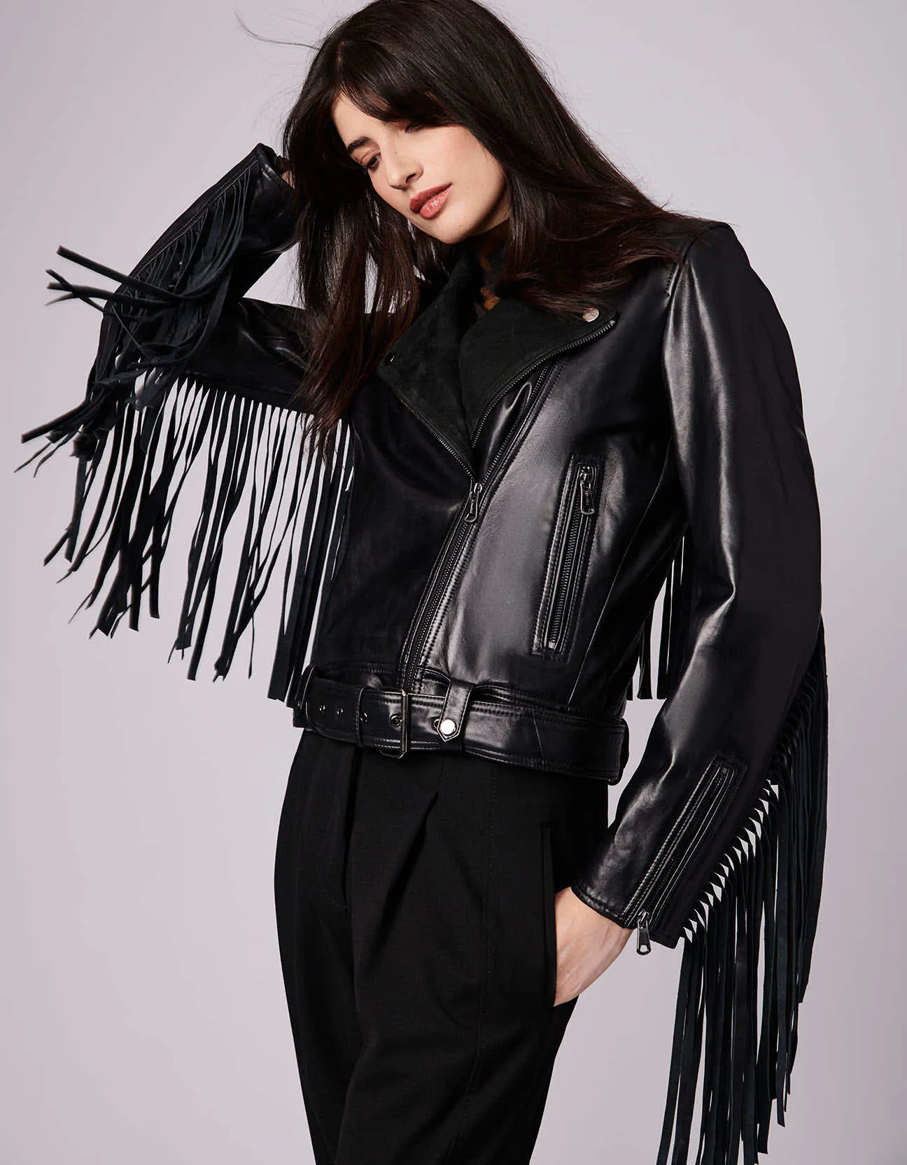 Extended Fringe Leather Moto Jacket sold by Bernardo