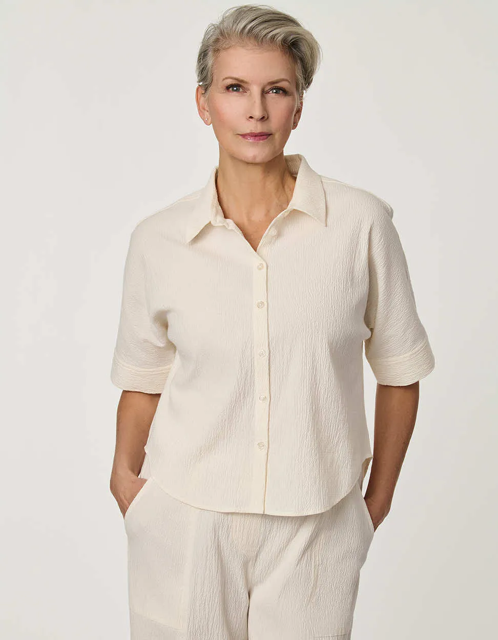 Dolman-Sleeve Seersucker Button-Up Shirt sold by Bernardo product image thumbnail 3