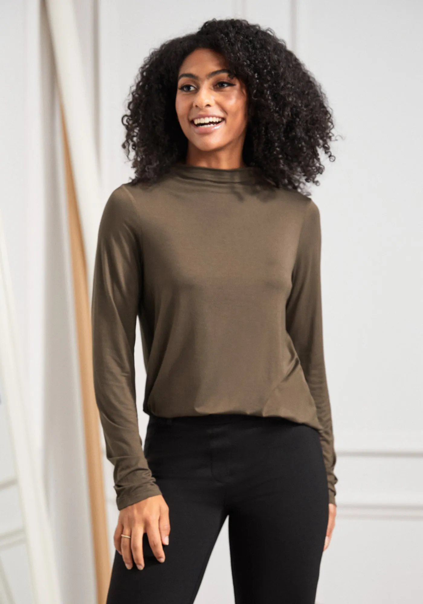 Essential Long Sleeve Mockneck (Brown) sold by Betabrand