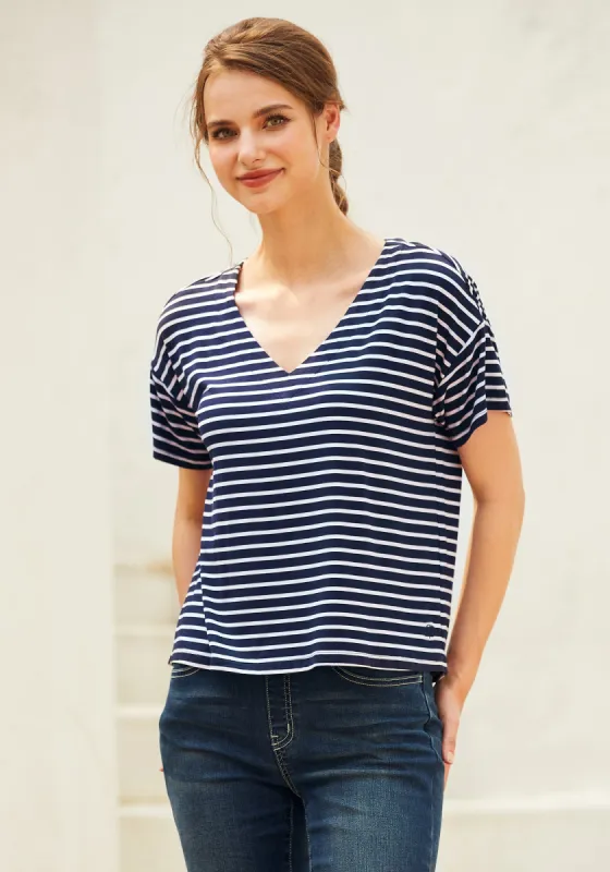 Essential V-Neck Short Sleeve (Navy Stripe) sold by Betabrand