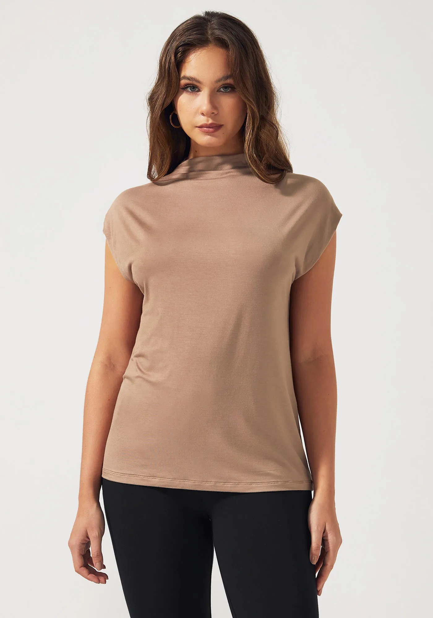 Cap Sleeve Mockneck (Taupe) sold by Betabrand