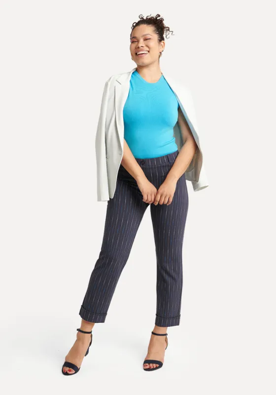 Crop | Cosmo Lite Dress Pant Yoga Pants (Navy Ombre Pinstripe) sold by Betabrand