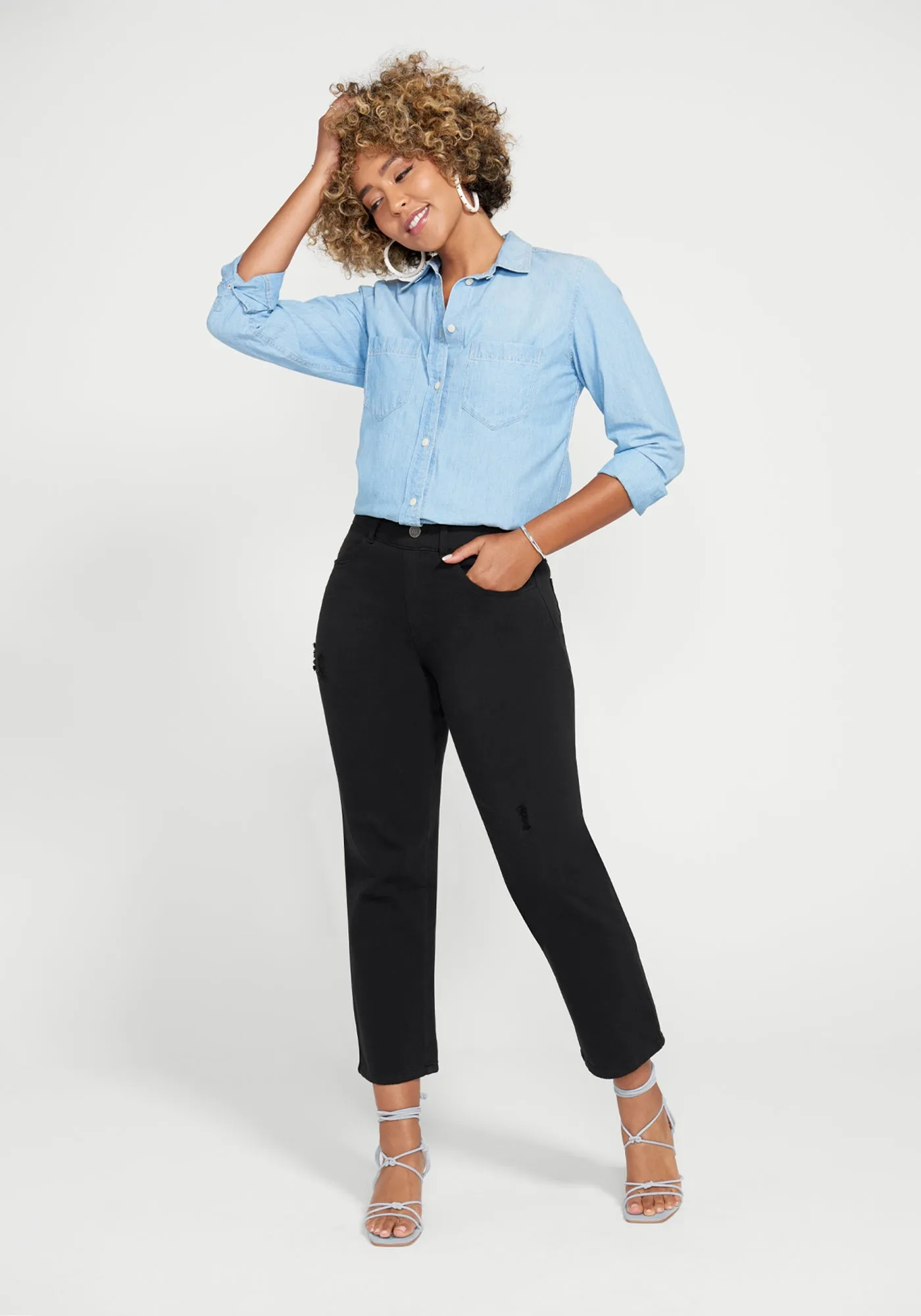 Boyfriend Crop Jean | Straight (Distressed Black Rinse) sold by Betabrand