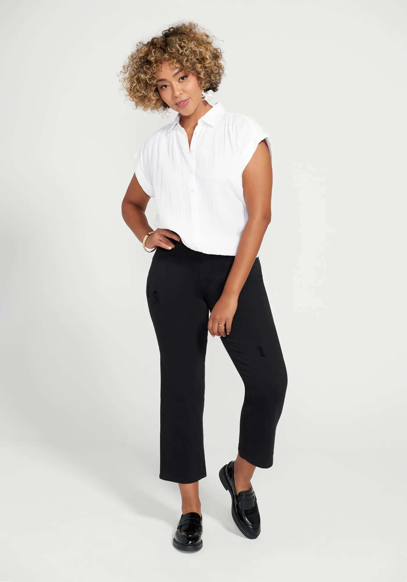 Boyfriend Crop Jean | Straight (Distressed Black Rinse) sold by Betabrand product image thumbnail 4