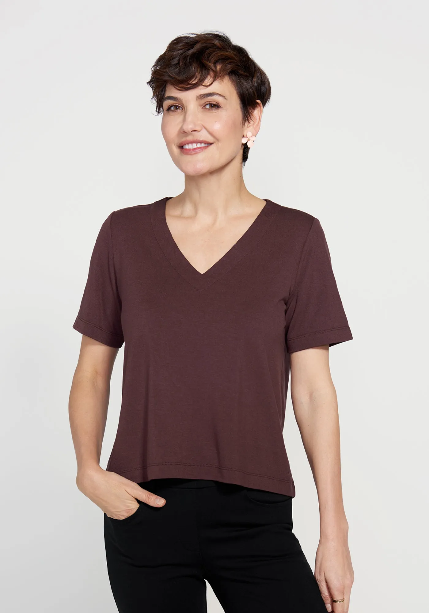 Essential V-Neck Short Sleeve (Cherrywood) sold by Betabrand