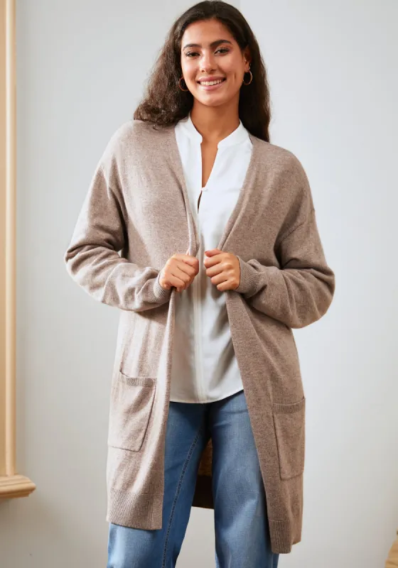 SoftBlend Cashmere Long Line Cardigan (Camel) sold by Betabrand