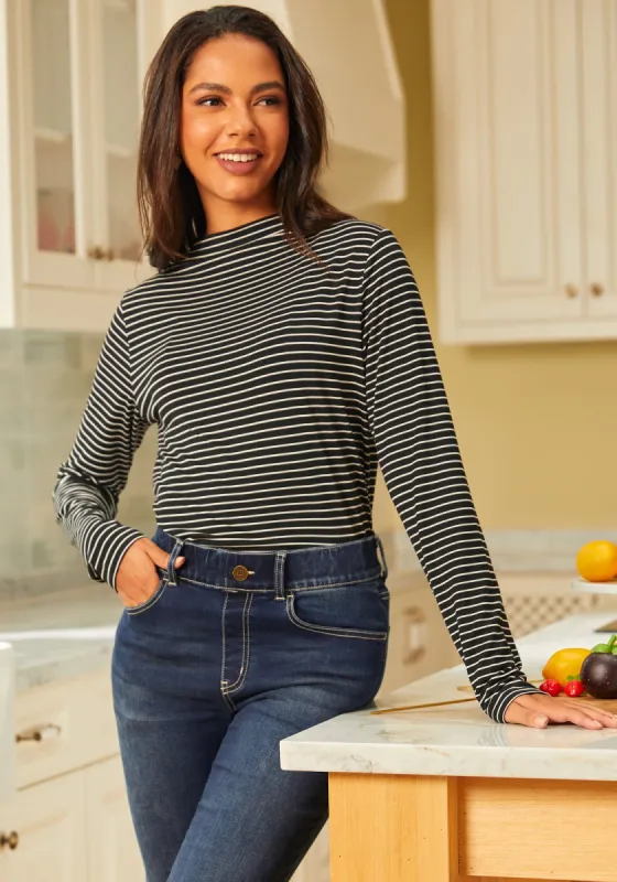 Essential Long Sleeve Mockneck (Black Stripe) sold by Betabrand