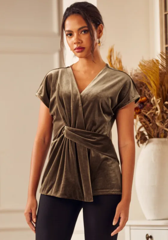 LuxeVelvet Twist-Front Cap Sleeve (Mushroom) - Final Sale sold by Betabrand