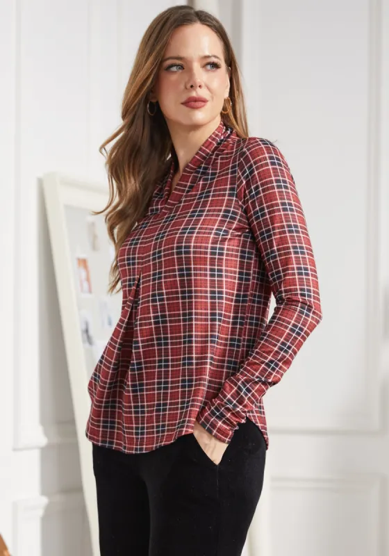 Pleated V-Neck Top (Red Plaid) made by Betabrand