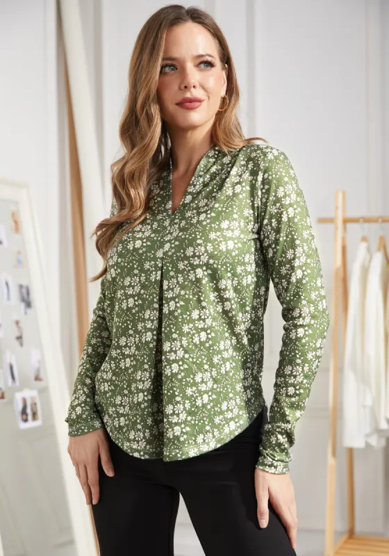 Pleated V-Neck Top (Arcadia Floral) sold by Betabrand