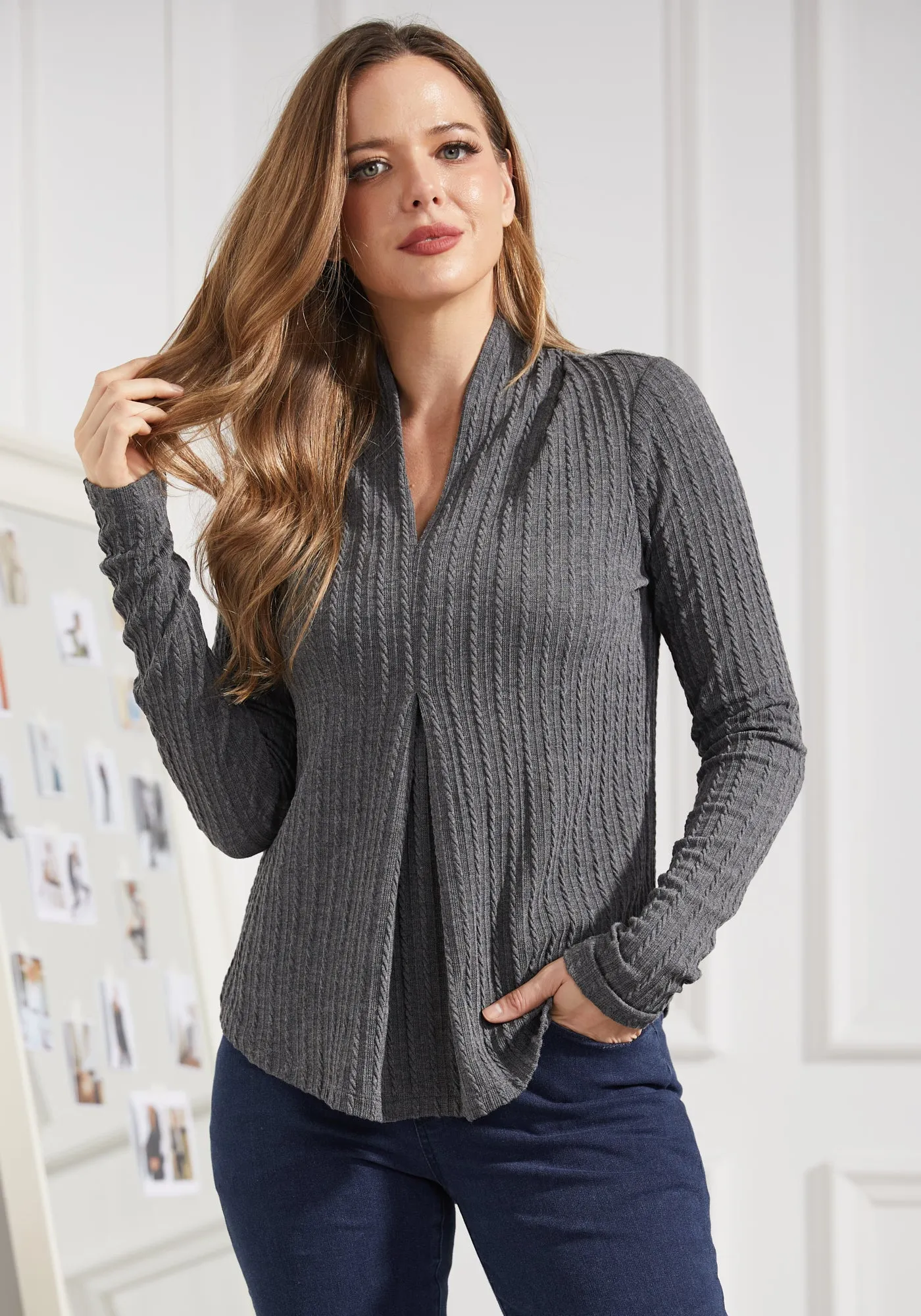 MiniCable Pleated V-Neck Top (Charcoal) sold by Betabrand