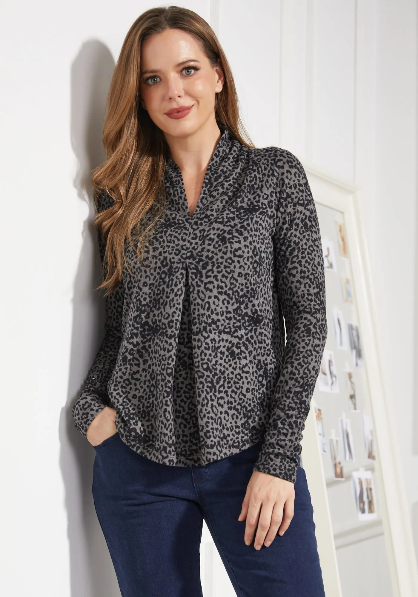 Pleated V-Neck Top (Charcoal Leopard) sold by Betabrand