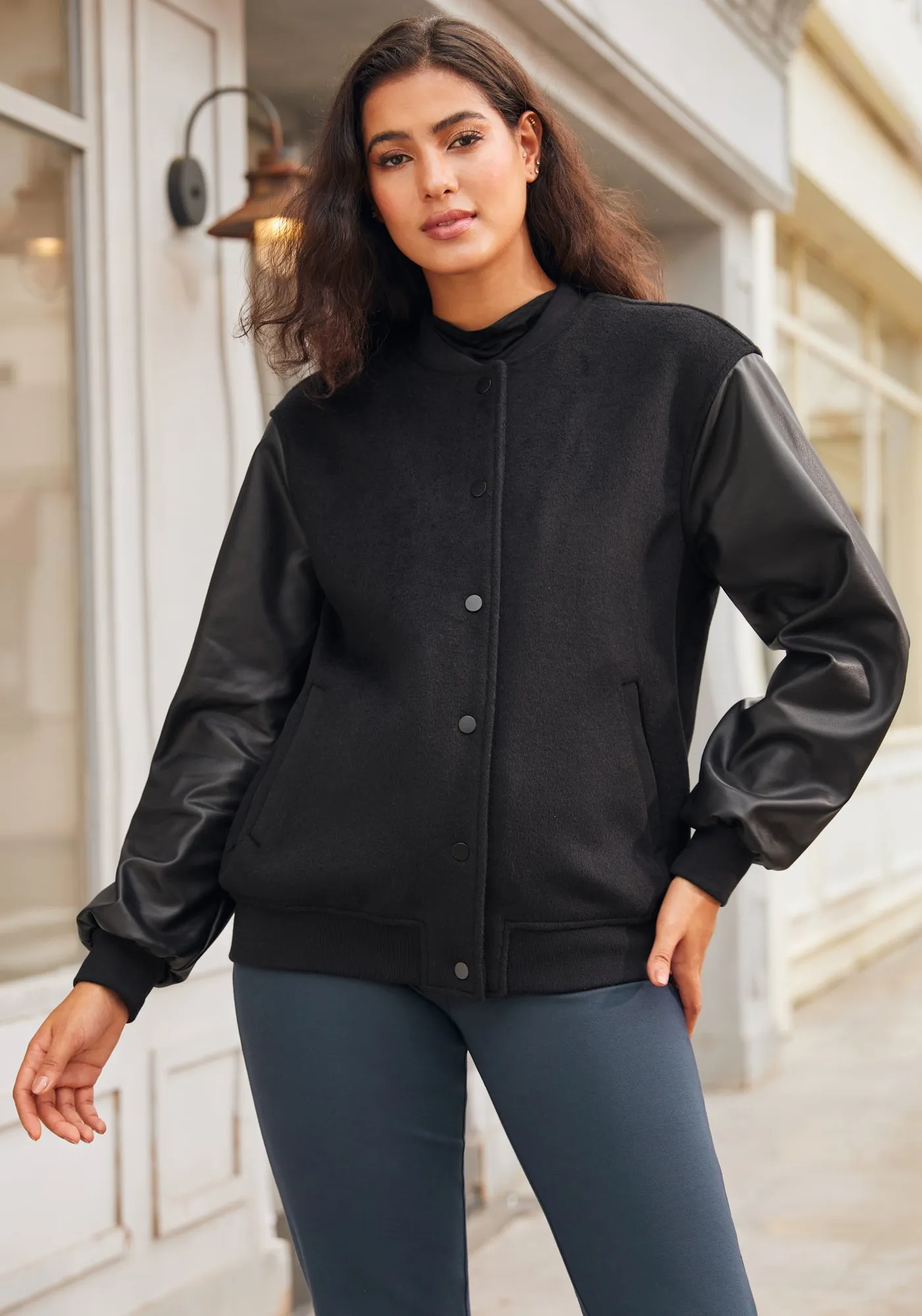 LuxeWool Varsity Jacket (Black) sold by Betabrand