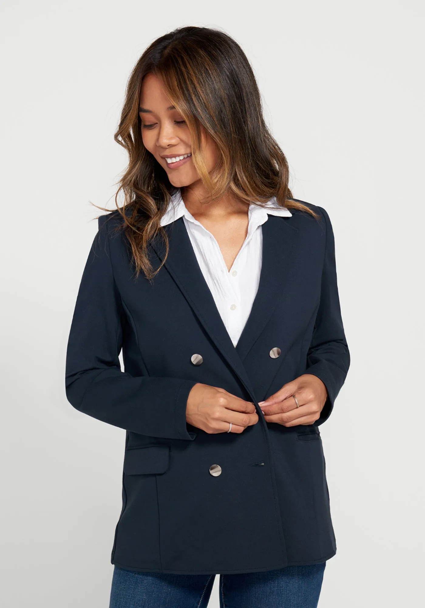 Double Breasted Blazer (Navy) sold by Betabrand