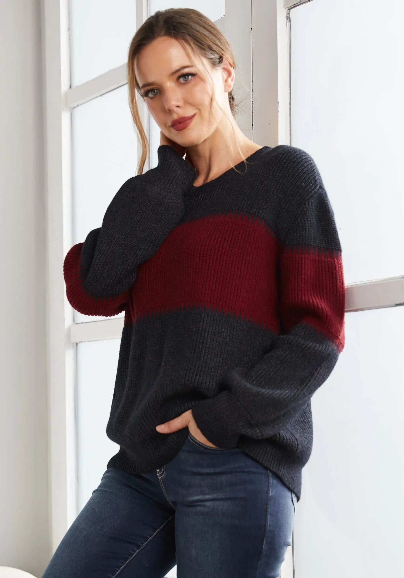 Colorblock Crewneck (Charcoal) sold by Betabrand