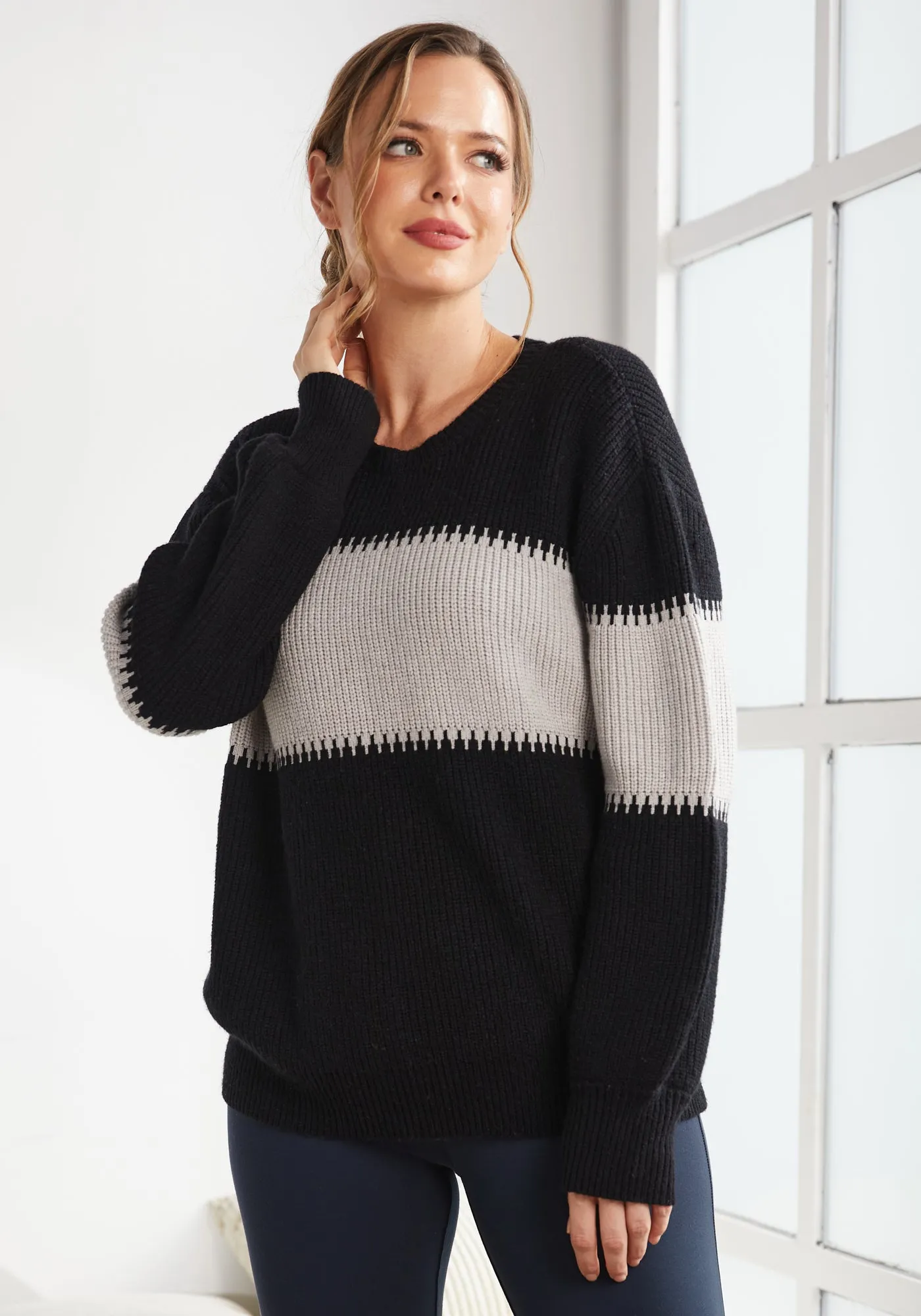 Colorblock Crewneck Sweater (Black) sold by Betabrand