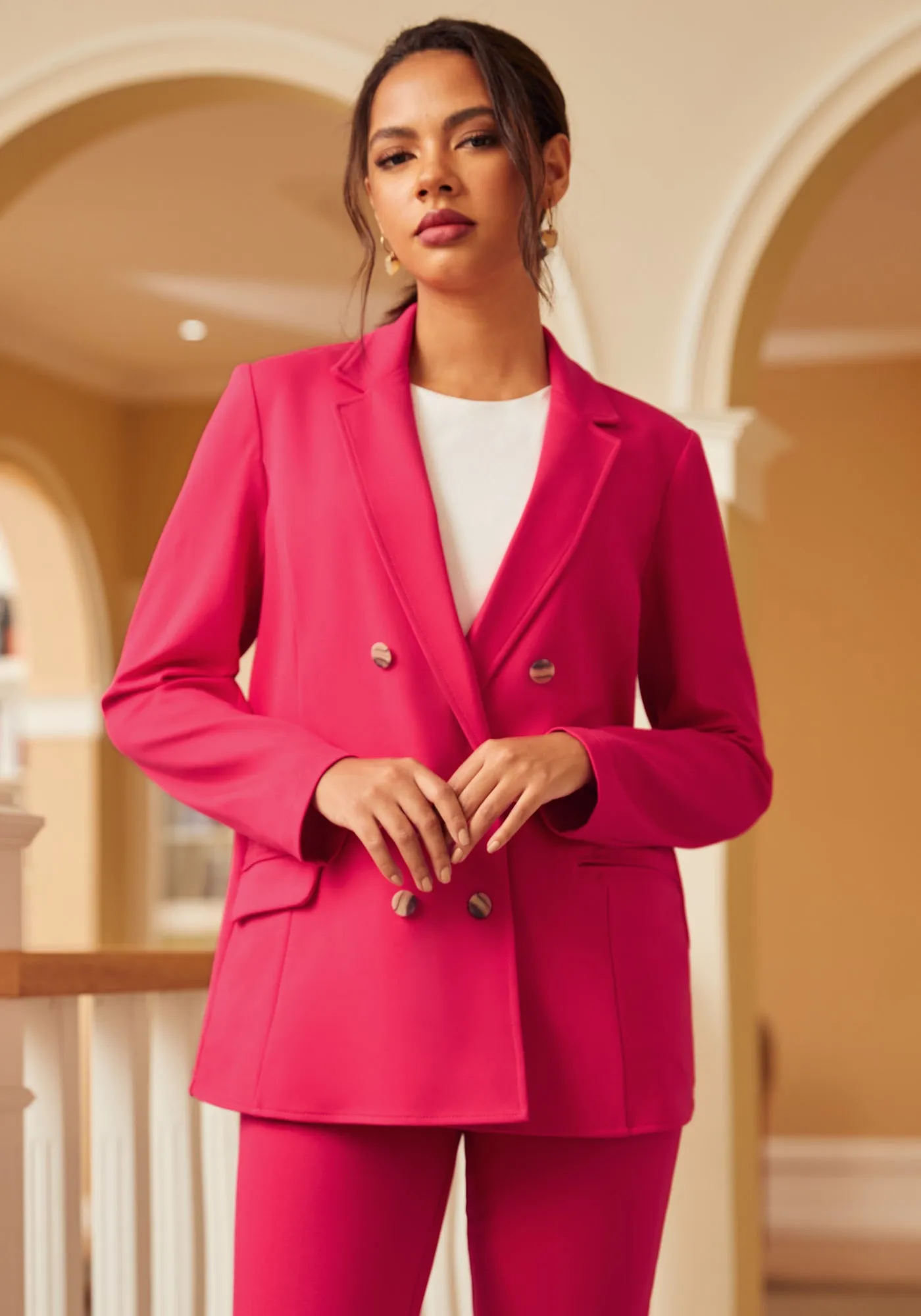Double Breasted Blazer (Virtual Pink) sold by Betabrand