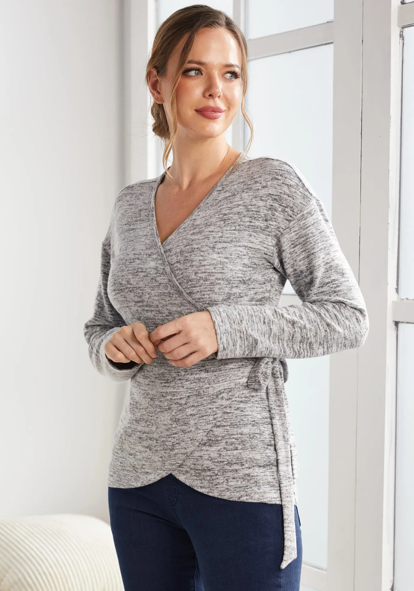 UltraEase Side-Tie Wrap Top (Heather Charcoal) - Final Sale sold by Betabrand