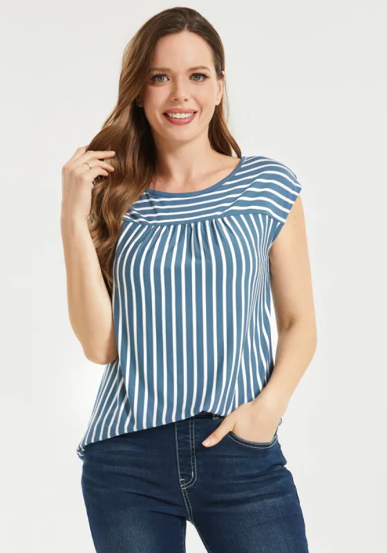 Cap Sleeve Yoke Tee (Indigo Stripe) sold by Betabrand