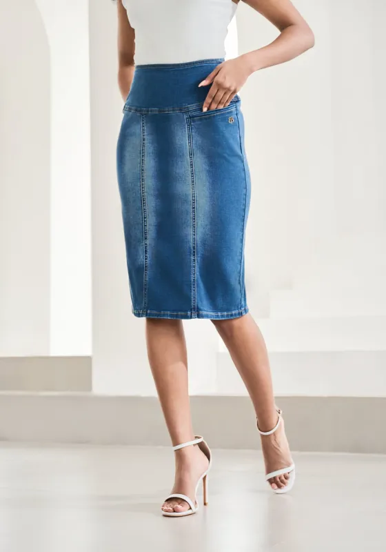 Denim Pencil Skirt (Alamo Wash) sold by Betabrand