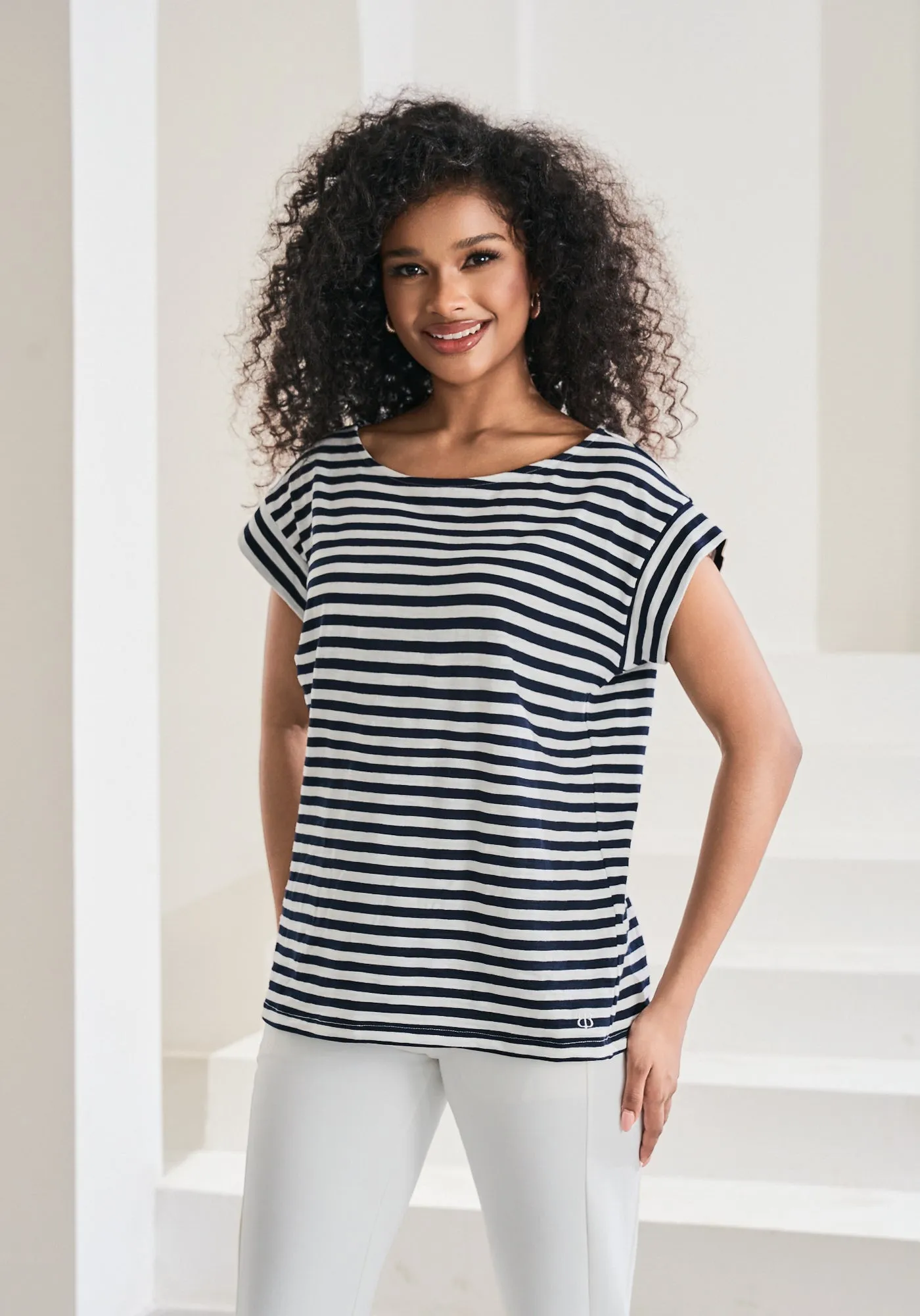 Cuffed Muscle Tee (Navy Stripe) sold by Betabrand