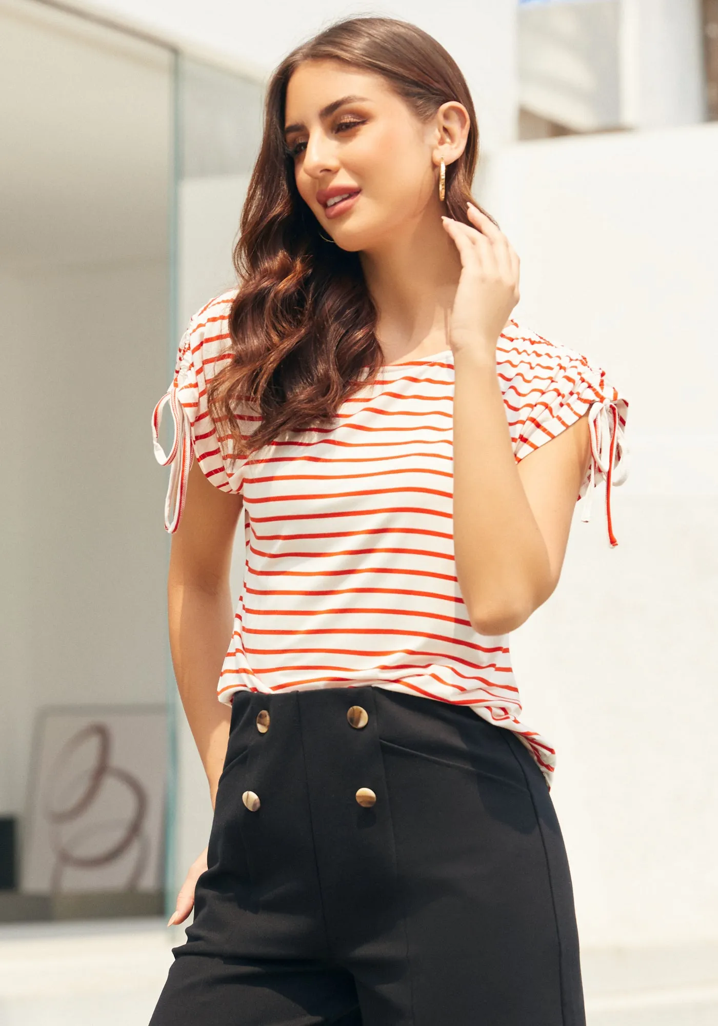 Ruched Shoulder Tee (Red Stripe) - Final Sale sold by Betabrand