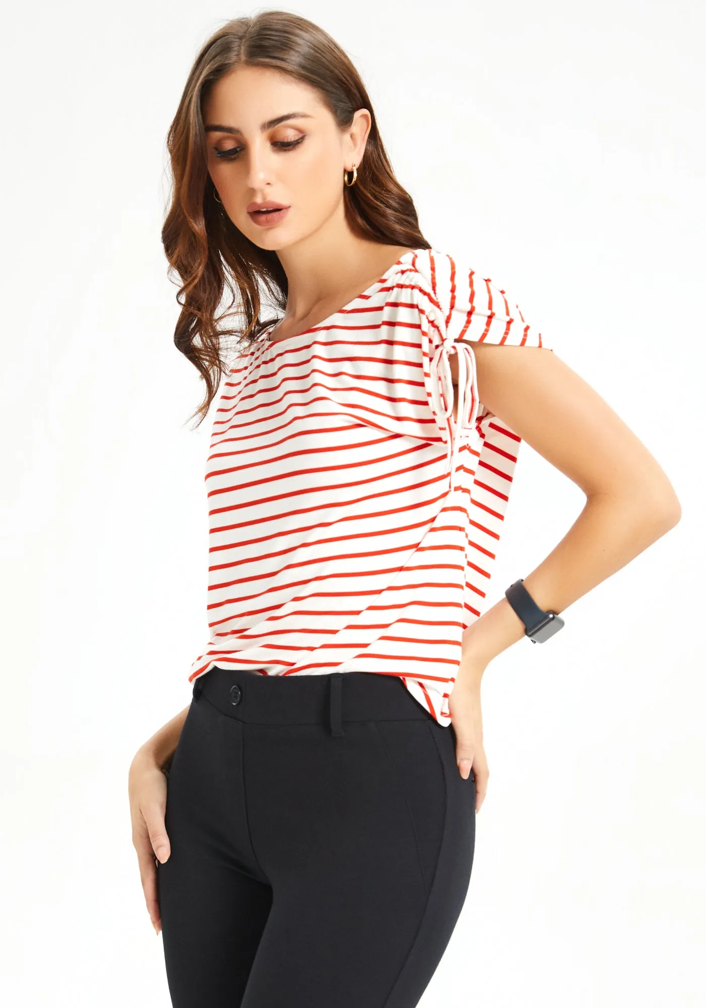 Ruched Shoulder Tee (Red Stripe) - Final Sale sold by Betabrand product image thumbnail 2