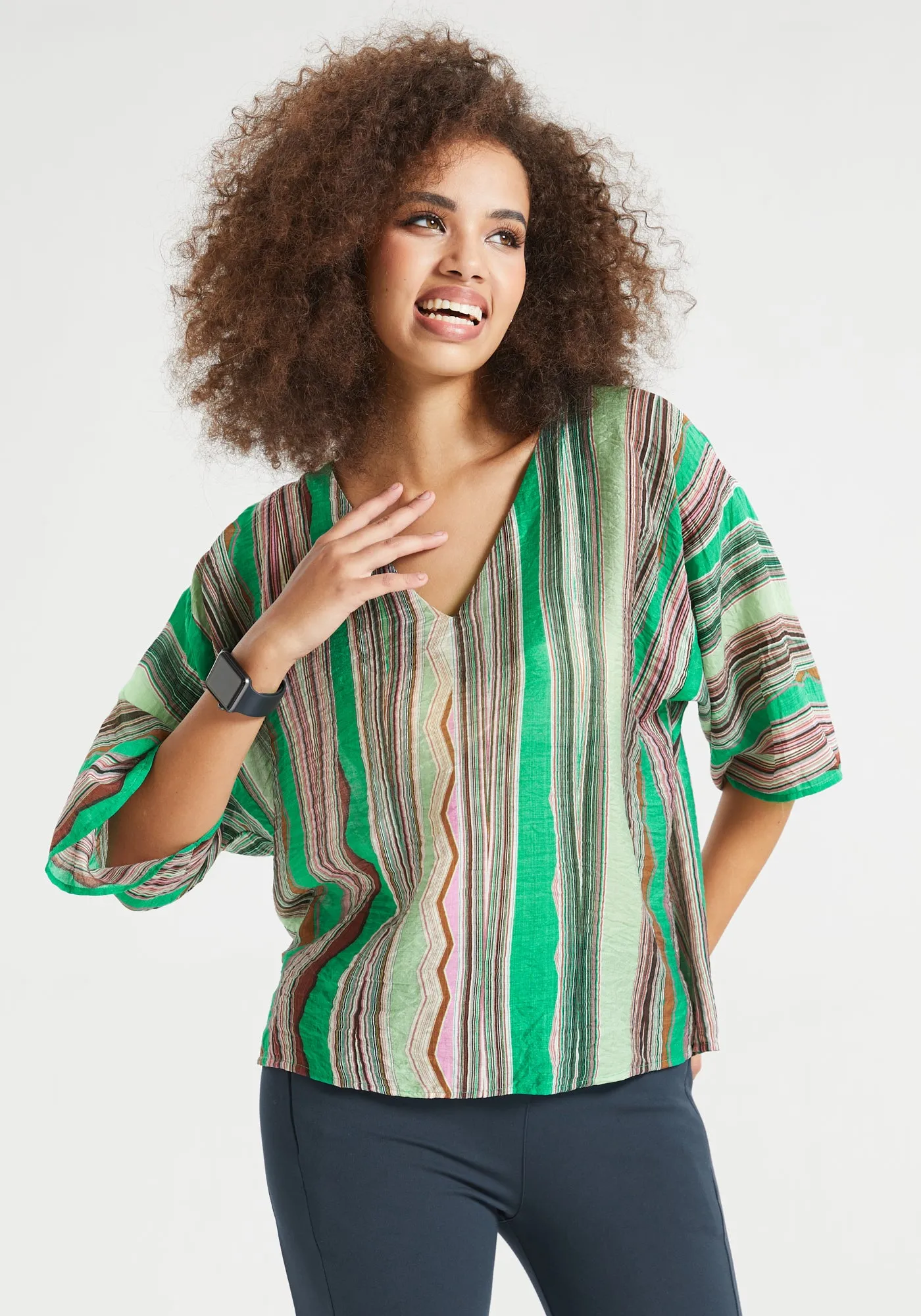 Kimono Sleeve V-Neck Top (Green Stripe Print) - Final Sale sold by Betabrand