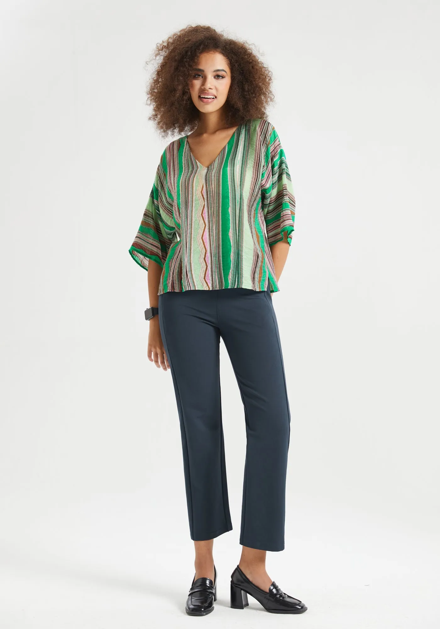 Kimono Sleeve V-Neck Top (Green Stripe Print) - Final Sale sold by Betabrand product image thumbnail 4