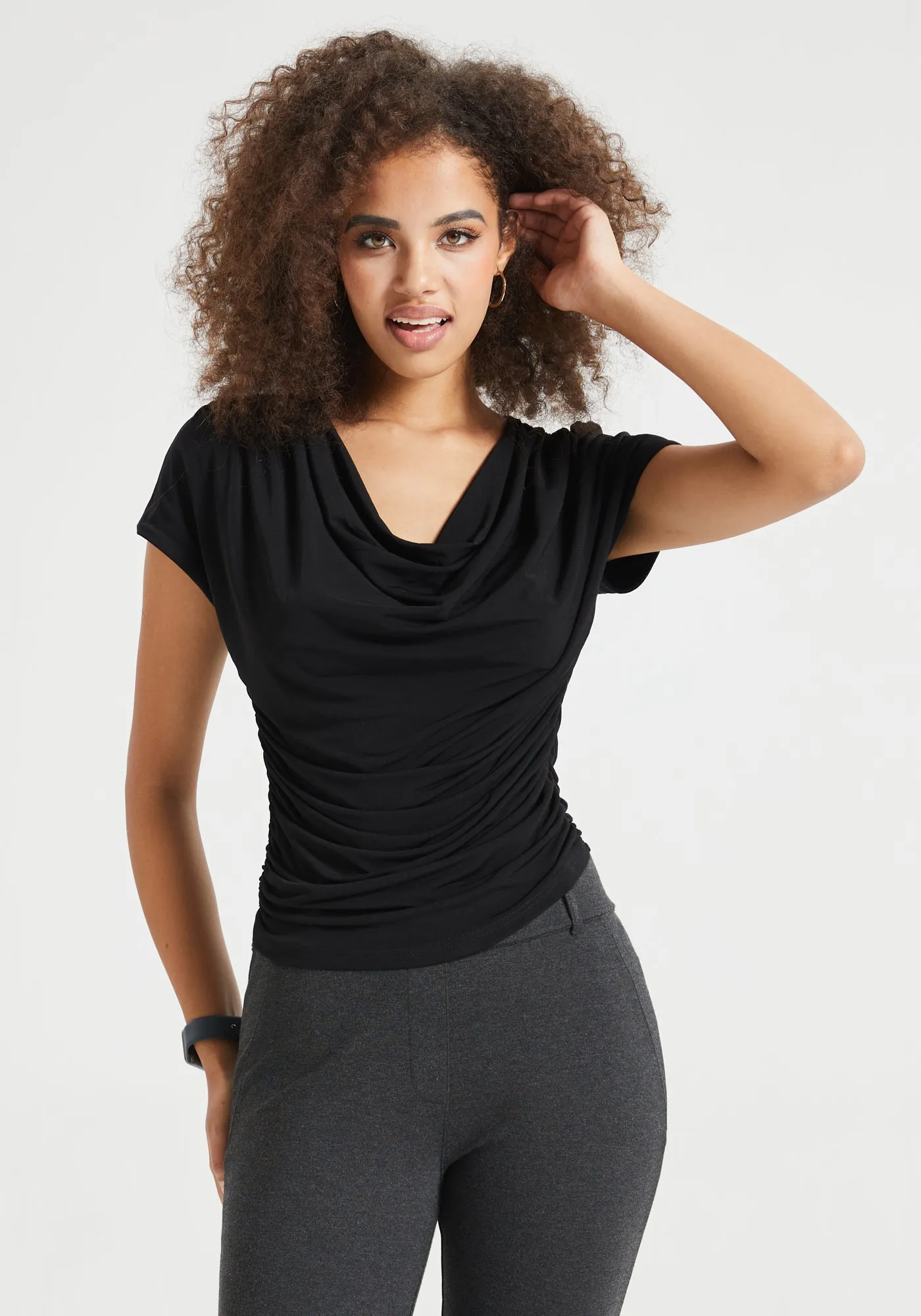 Cap Sleeve Cowl Neck Top (Black) sold by Betabrand
