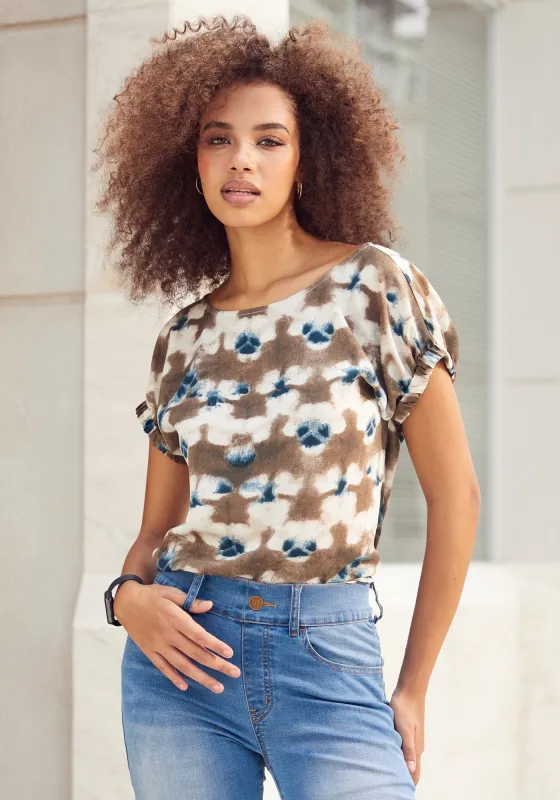 Short Sleeve Boatneck Top (Brown Navy Print) sold by Betabrand