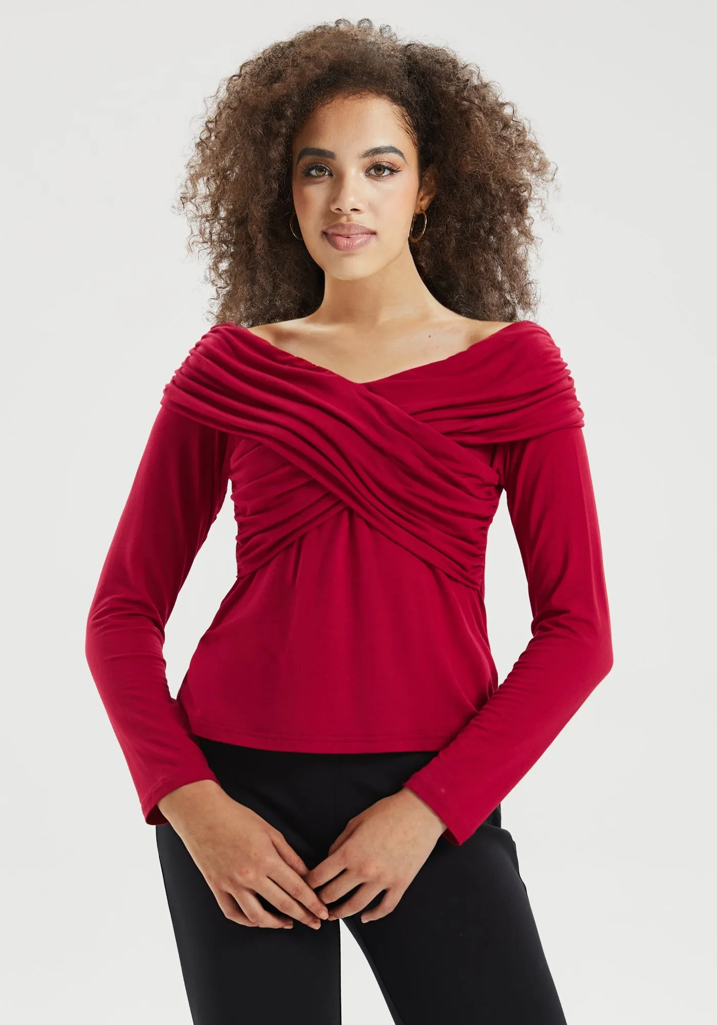 Off-the-Shoulder Draped Long-Sleeve Top (Burgundy) - Final Sale sold by Betabrand product image thumbnail 4