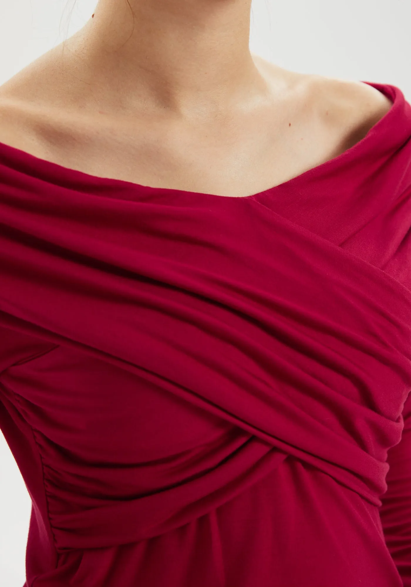Off-the-Shoulder Draped Long-Sleeve Top (Burgundy) - Final Sale sold by Betabrand product image thumbnail 3