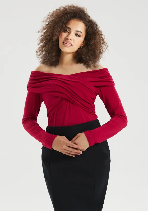 Off-the-Shoulder Draped Long-Sleeve Top (Burgundy) sold by Betabrand