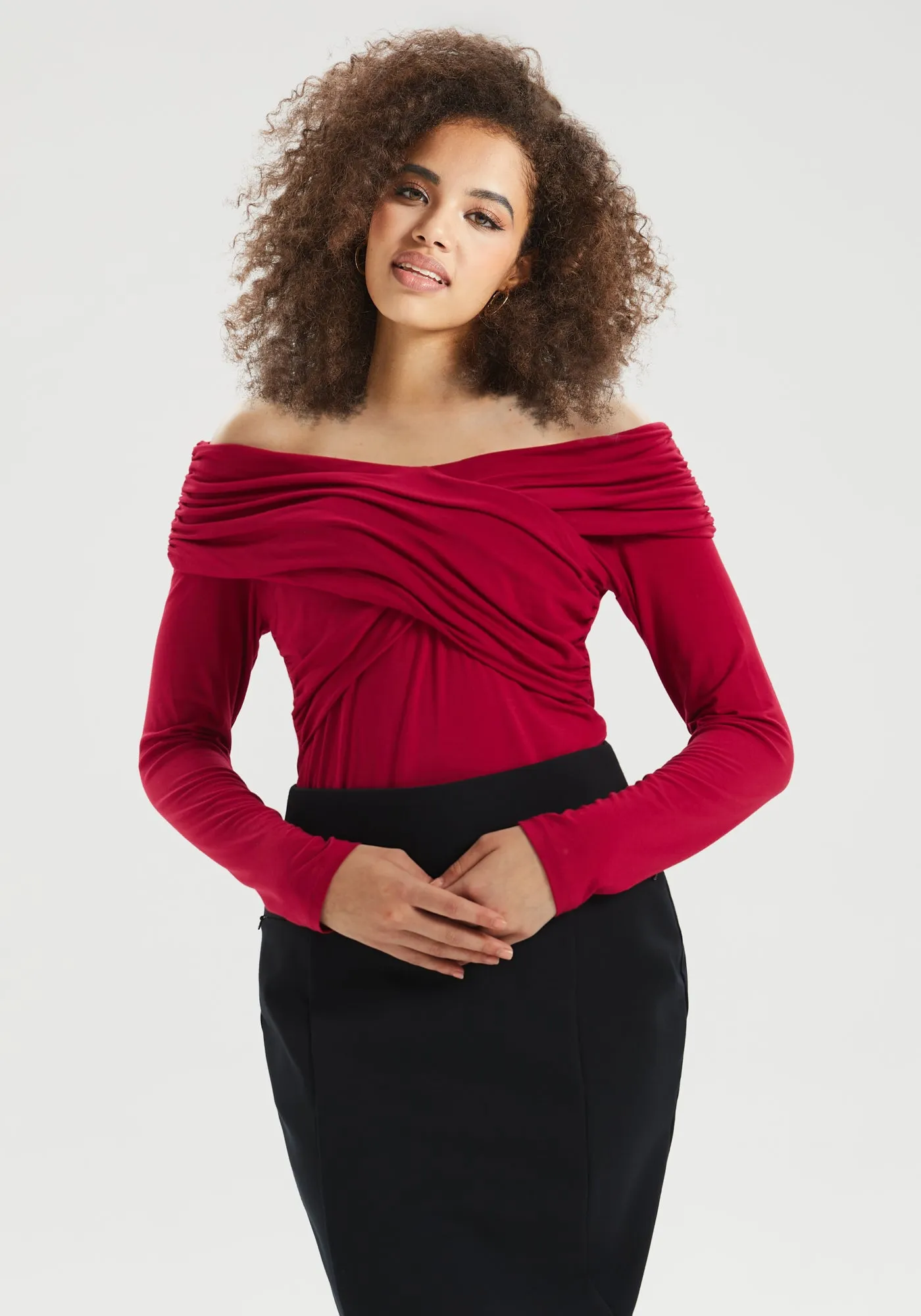 Off-the-Shoulder Draped Long-Sleeve Top (Burgundy) - Final Sale sold by Betabrand
