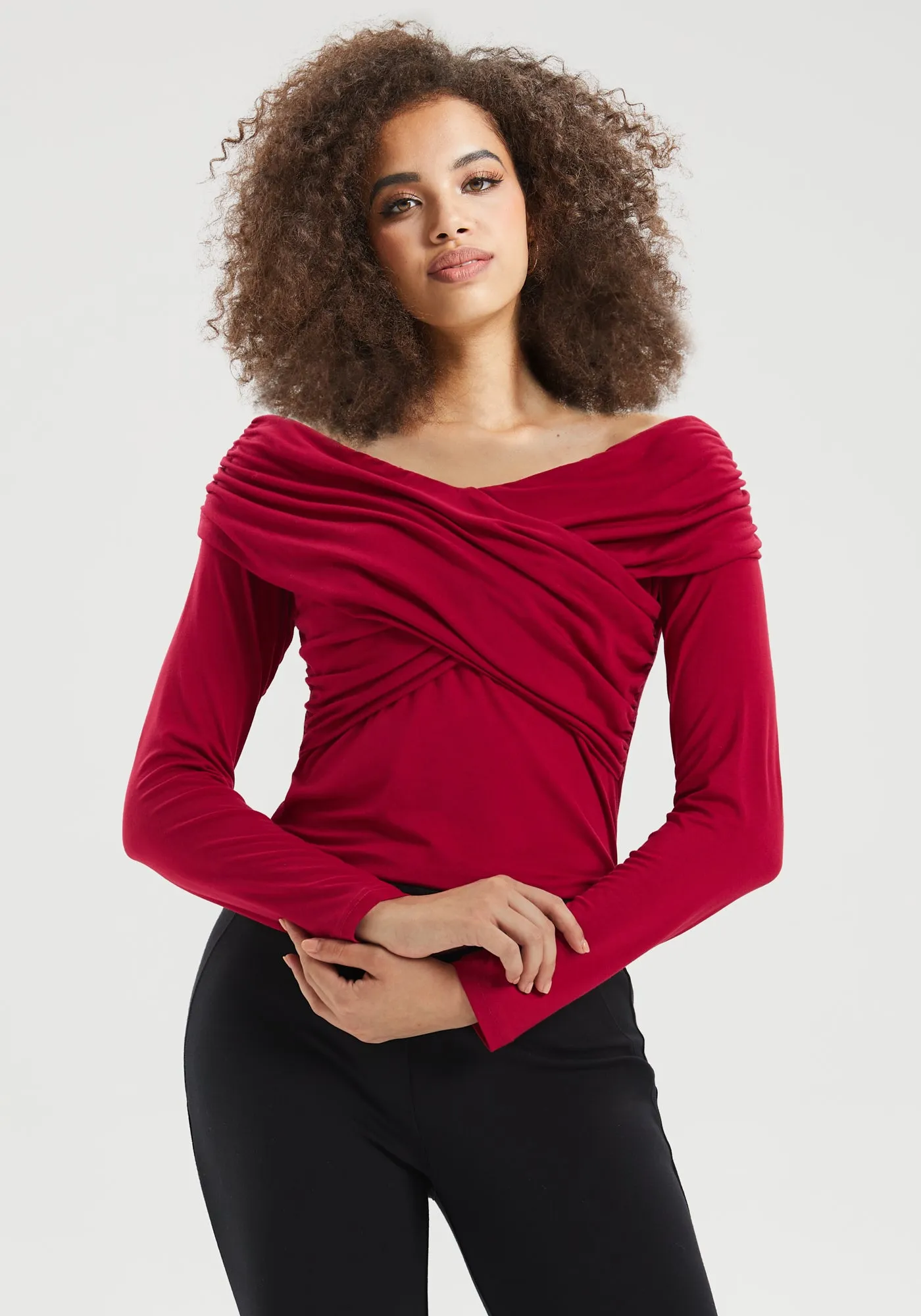 Off-the-Shoulder Draped Long-Sleeve Top (Burgundy) - Final Sale sold by Betabrand product image thumbnail 2