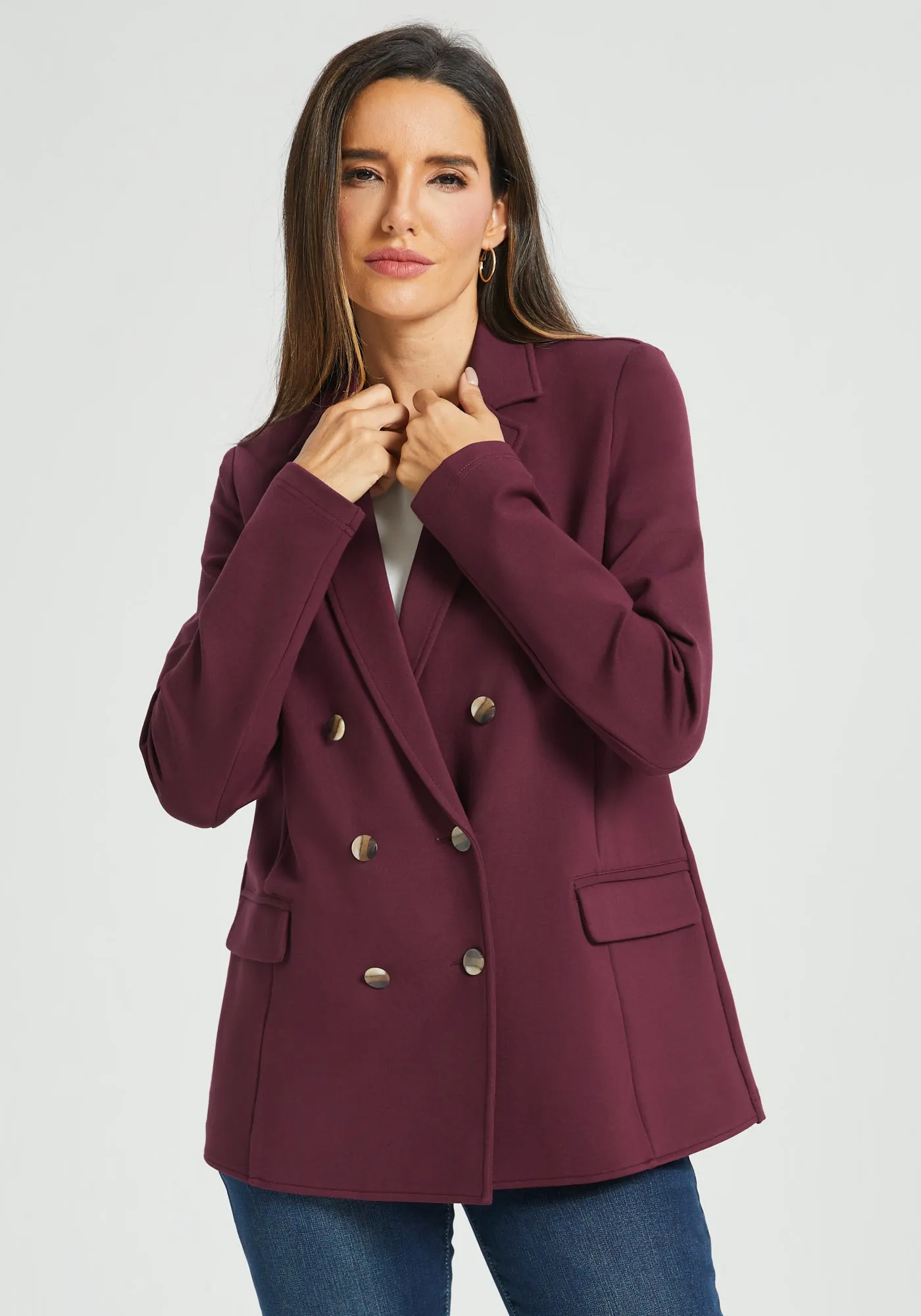 Double Breasted Blazer | Stretch Ponte (Burgundy) sold by Betabrand product image thumbnail 2