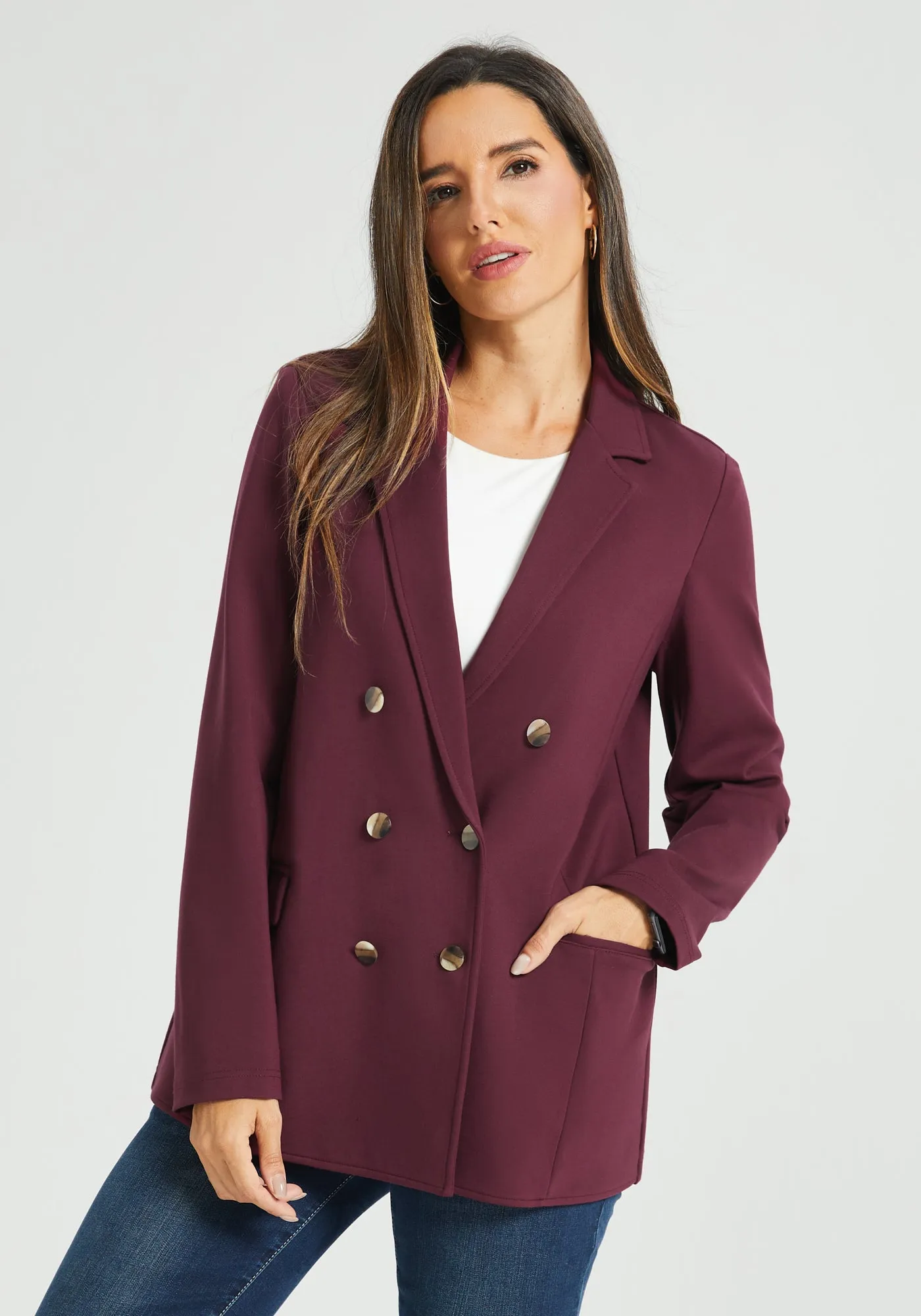 Double Breasted Blazer | Stretch Ponte (Burgundy) sold by Betabrand product image thumbnail 3