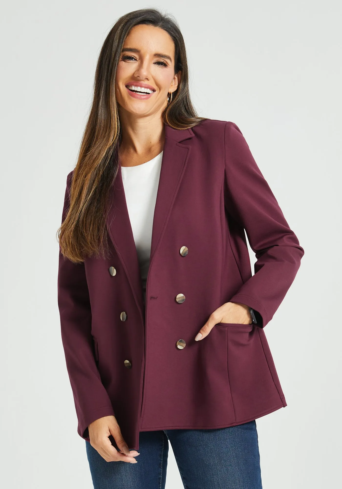 Double Breasted Blazer | Stretch Ponte (Burgundy) sold by Betabrand