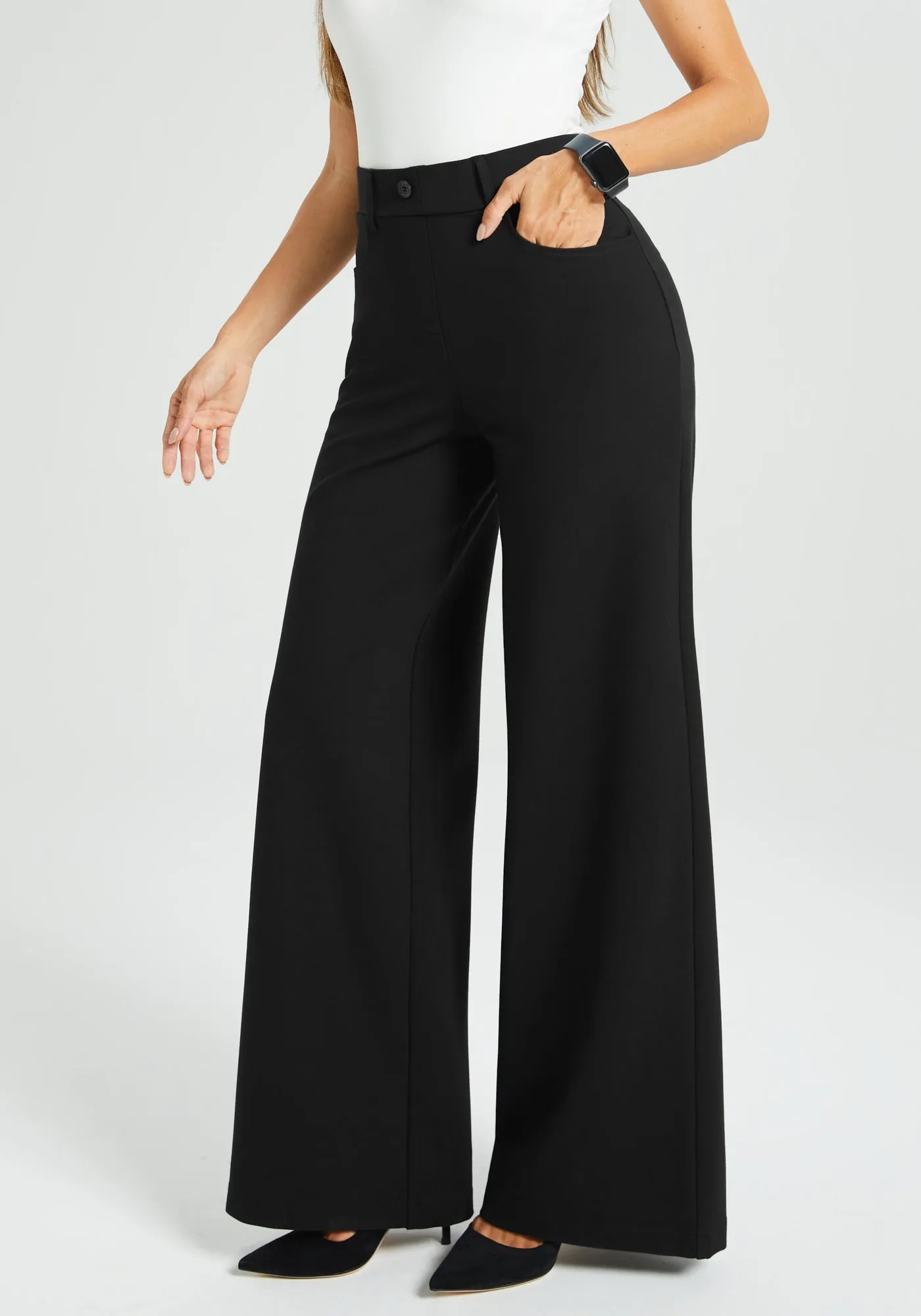 7-Pocket High-Waist DPYP™ Dress Pant Yoga Pant | Wide (Black) sold by Betabrand